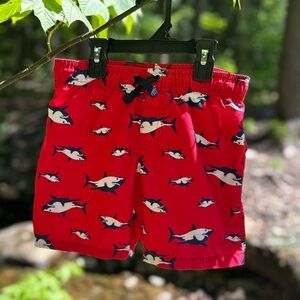 Boys Red Shark Print Swim Trunks (XS 4/5)